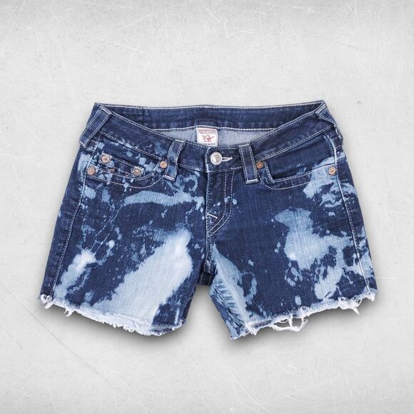 True Religion Cutoff Denim Shorts Womens 28 Dark Blue Bleach Raw Hem Y2K Trendy - Picture 1 of 12